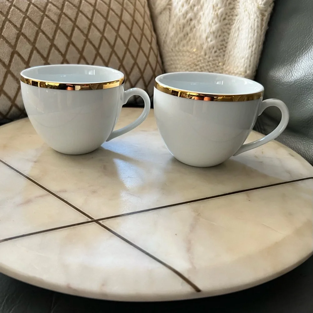 WILLIAMS SONOMA Brasserie JAPAN Gold Band PORCELAIN Tea Coffee Cups SET of 2
